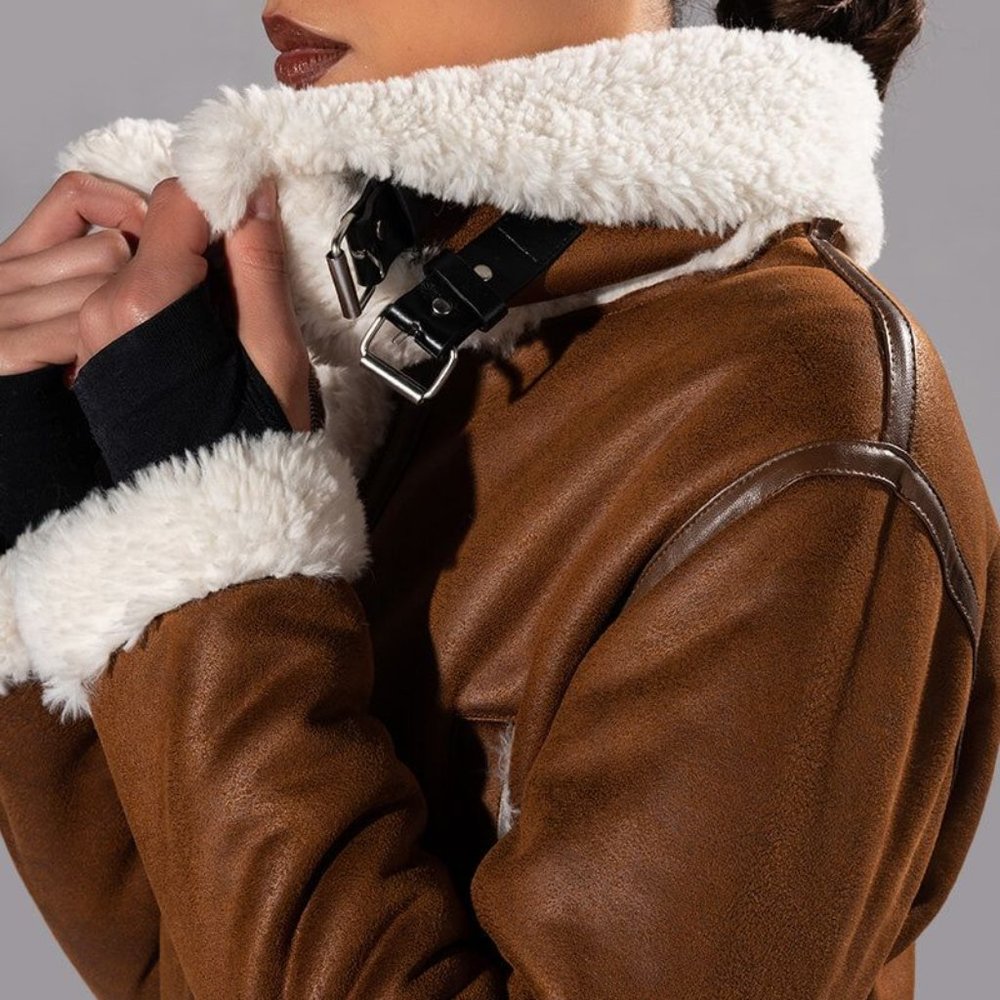 Miz Milk Chocolate Aviatrix Sherpa Lined Vegan Leather Convertible Trench Coat L - Picture 2 of 15